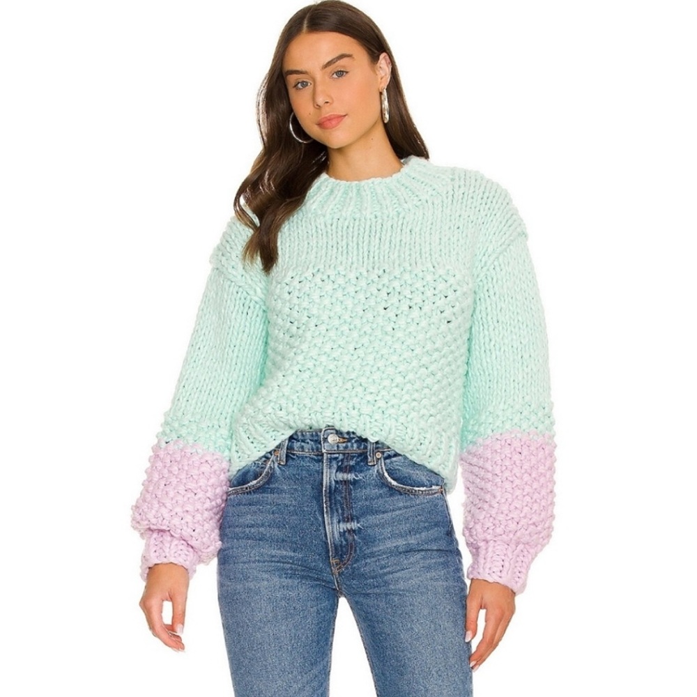 For Love & Lemons SMALL Kerry chunky knit cropped sweater in light blue